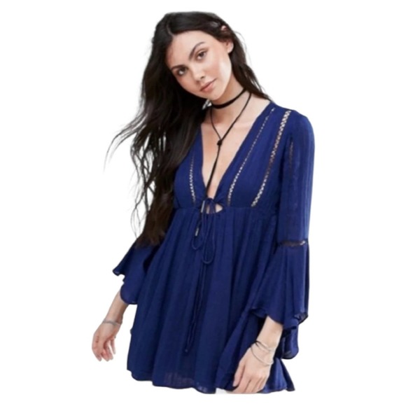Free People Blue Bell Sleeve V Neck Peasant Dress - Picture 2 of 7